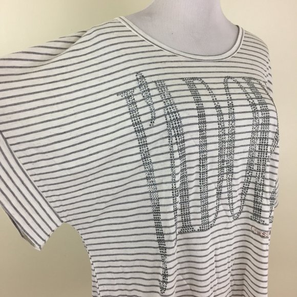 NWT GUESS by MARCIANO Short Sleeve Striped Silver Rhinestone J'ADORE Shirt Top - Picture 6 of 11